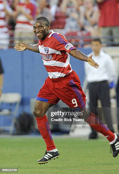 Jeff Cunningham of the FC Dallas celebrates after scoring a goal against the New York Red bulls at Pizza Hut Park on July 4, 2009 in Frisco, Texas.