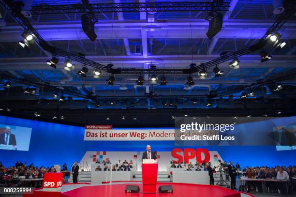 Leader of the Social Democratic Party Martin Schulz holds a speech at the SPD federal party congress on December 8, 2017 in Berlin, Germany. SPD...