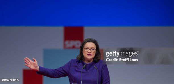 Parliamentary group leader of the Social Democratic Party Andrea Nahles holds a speech at the SPD federal party congress on December 8, 2017 in...