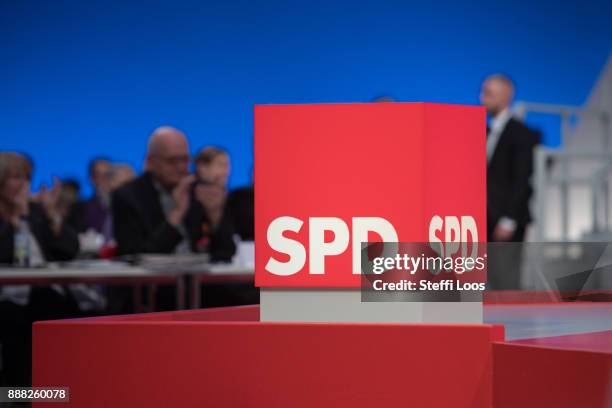 Logo of the Social Democratic Party at the SPD federal party congress on December 8, 2017 in Berlin, Germany. SPD delegates are meeting for the...