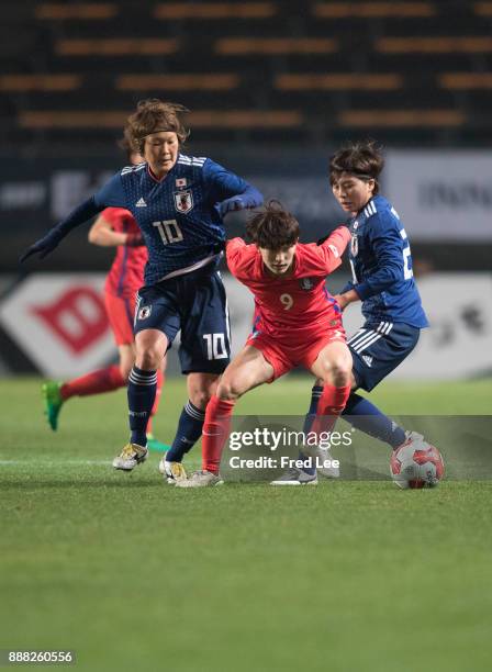 Kang Yumi of Japan in action during the EAFF E-1 Women's Football Championship between Japan and South Korea at Fukuda Denshi Arena on December 8,...