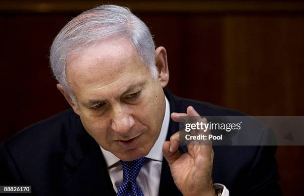 Israeli Prime Minister Benjamin Netanyahu speaks during the weekly cabinet meeting July 5, 2009 in Jerusalem, Israel. According to reports Netanyahu...