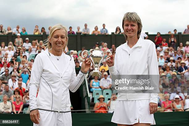 Martina Navratilova of USA and Helena Sukova of Czech Republic celebrate victory with their trophy after the ladies' invitation doubles final match...