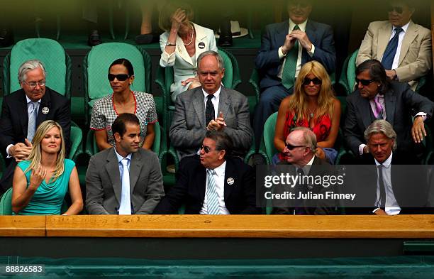 Ilie Nastase, Bjorn Borg, wife Patricia, Rod Laver, Manuel Santana Pete Sampras and wife Bridgette Wilson watch the action during the men's singles...