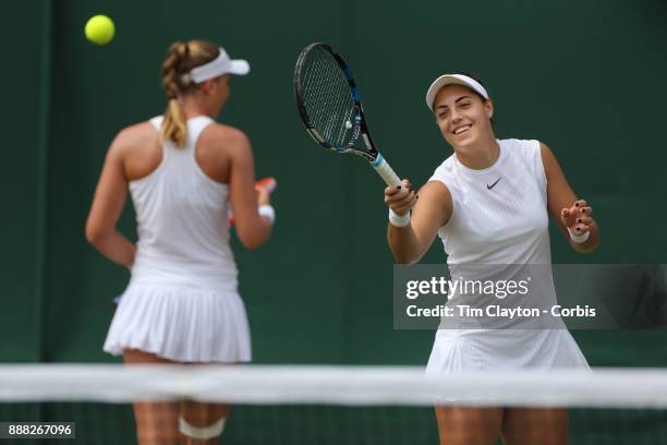 Ana Konjuh of Croatia in action in the Ladies' Doubles with partner Beatriz Haddad Maia of Brazil during the Wimbledon Lawn Tennis Championships at...