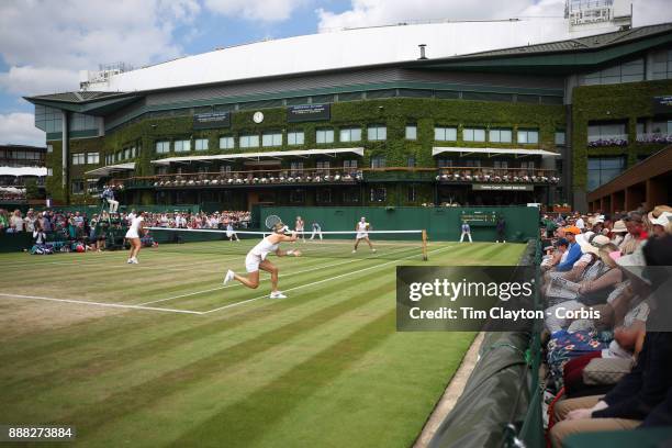 Andrea Petkovic of Germany and Mirjana Lucic-Baroni of Croatia, , playing their Ladies' Doubles match against Lucie Hradecka of the Czech Republic...