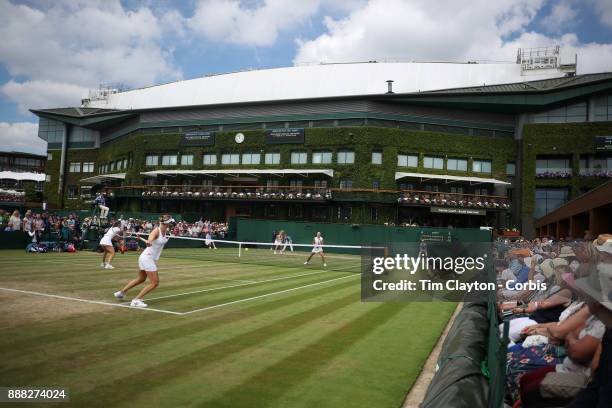 Andrea Petkovic of Germany and Mirjana Lucic-Baroni of Croatia, , playing their Ladies' Doubles match against Lucie Hradecka of the Czech Republic...