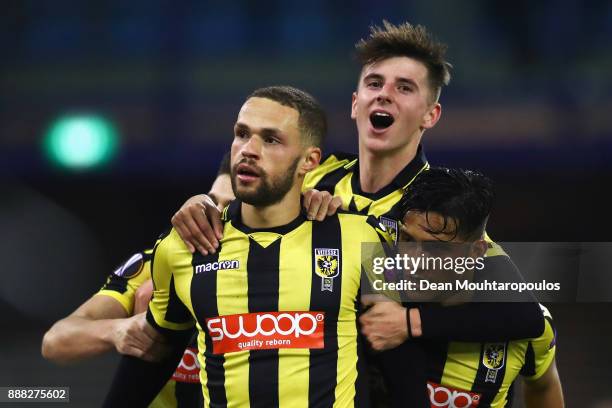 Luc Castaignos of Vitesse Arnhem celebrates scoring his teams first goal of the game in the final minutes with team mates during the UEFA Europa...