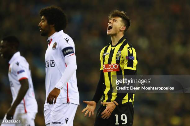 Mason Mount of Vitesse Arnhem reatcs to a missed chance on goal during the UEFA Europa League group K match between Vitesse and OGC Nice at on...