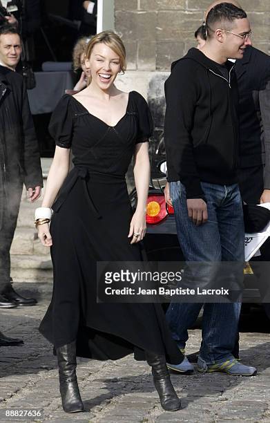 Kylie Minogue arriving at the Chanel Haute Couture Show