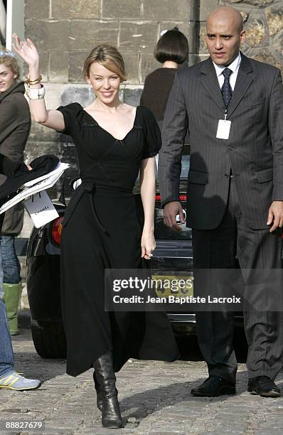 Kylie Minogue arriving at the Chanel Haute Couture Show