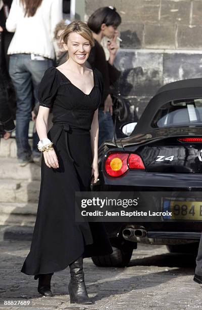 Kylie Minogue arriving at the Chanel Haute Couture Show