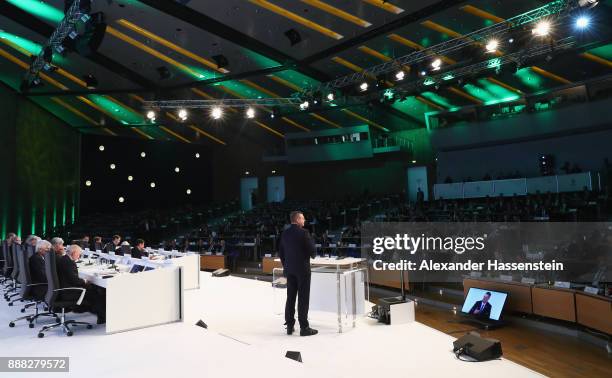 President Reinhard Grindel talks to the audience during the Extraordinary DFB Bundestag at Messe Frankfurt on December 8, 2017 in Frankfurt am Main,...