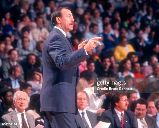 Head coach Chris Ford of the Boston Celtics coaches on the sideline during an NBA game against the Philadelphia 76ers on April 18, 1991 at the...