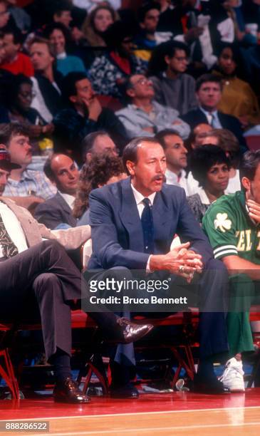Head coach Chris Ford of the Boston Celtics coaches from the bench during an NBA game against the Philadelphia 76ers on April 18, 1991 at the...