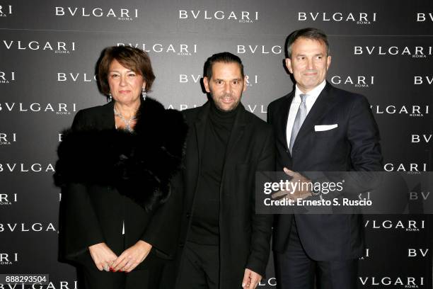 Tiziana Cuscuna, Roberto D'Amato and Lelio Gavazza attend Christmas Lights At Bvlgari Boutique Rome on December 7, 2017 in Rome, Italy.