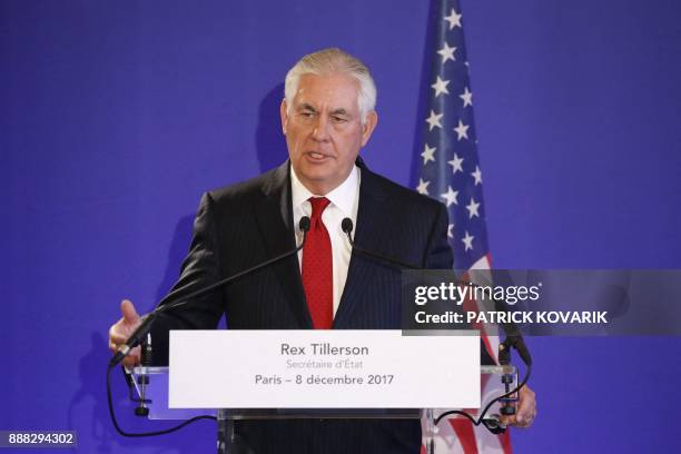 Secretary of State Rex Tillerson speaks during a press conference on December 8, 2017 in Paris. US Secretary of State Rex Tillerson claims that the...