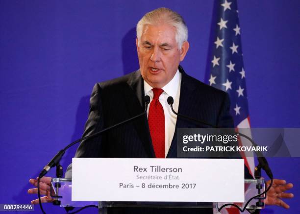 Secretary of State Rex Tillerson speaks during a press conference on December 8, 2017 in Paris. US Secretary of State Rex Tillerson claims that the...