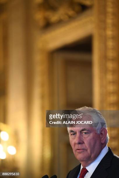 Secretary of State Rex Tillerson speaks during a press conference on December 8, 2017 in Paris. Tillerson claims that the US embassy will "probably"...