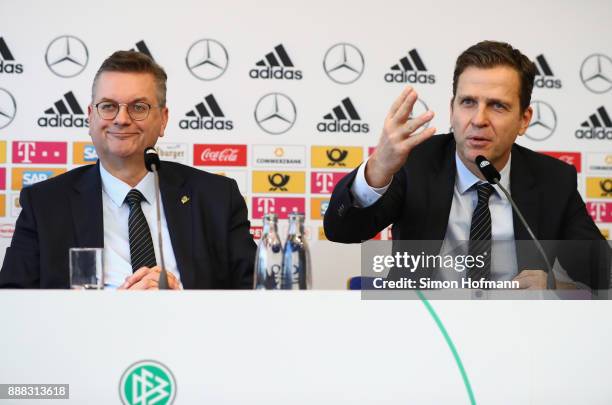 German national team manager Oliver Bierhoff talks to the media whilst DFB president Reinhard Grindel looks on after the Extraordinary DFB Bundestag...