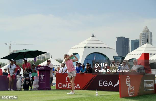 Florentyna Parker of England plays her tee shot on the par 4, first hole during the third round of the 2017 Dubai Ladies Classic on the Majlis Course...