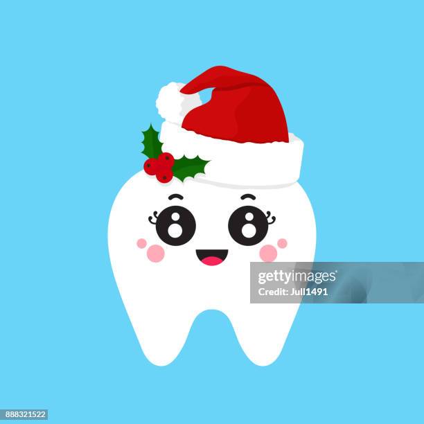 cute tooth in a cap of santa claus decorated with a sprig of holly. - tooth cap stock illustrations