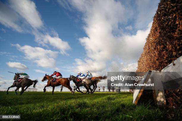 Harry Cobden riding Touch Kick clear the last to win The MS Amlin Insurance Novicesâ Limited Handicap Steeple Chase at Sandown Park racecourse on...