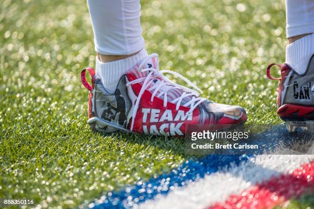 Detail view of cleats worn by Rex Burkhead of the New England Patriots before the game against the Buffalo Bills at New Era Field on December 3, 2017...