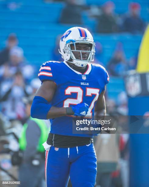 Tre'Davious White of the Buffalo Bills enters the field for warm ups before the game against the New England Patriots at New Era Field on December 3,...