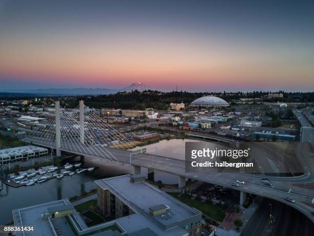 tacoma at sunset - aerial view - washington state stock pictures, royalty-free photos & images