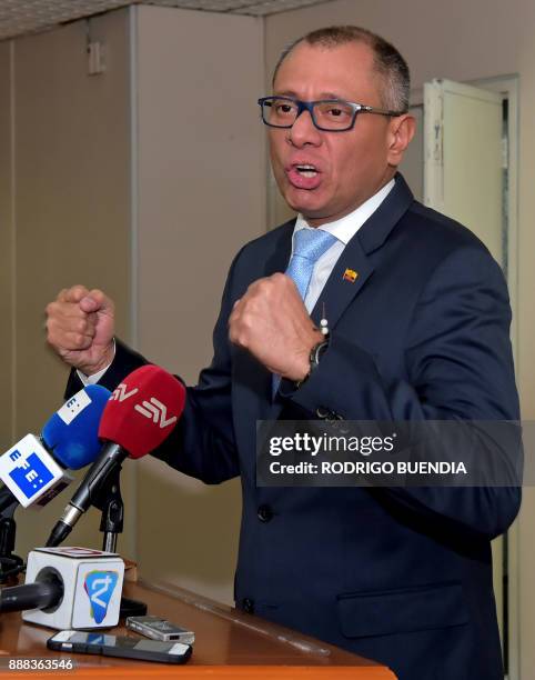 Ecuador's vice president Jorge Glas talks to the press before entering a hearing, at the court In Quito on December 8, 2017. Ecuadorean...