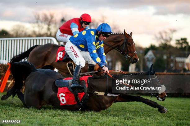 Leighton Aspell fall from Its A Sting at the last at Sandown Park racecourse on December 8, 2017 in Esher, United Kingdom.