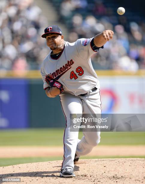 Adalberto Mejia of the Minnesota Twins pitches during the game against the Chicago White Sox at Guaranteed Rate Field on Saturday, April 8, 2017 in...