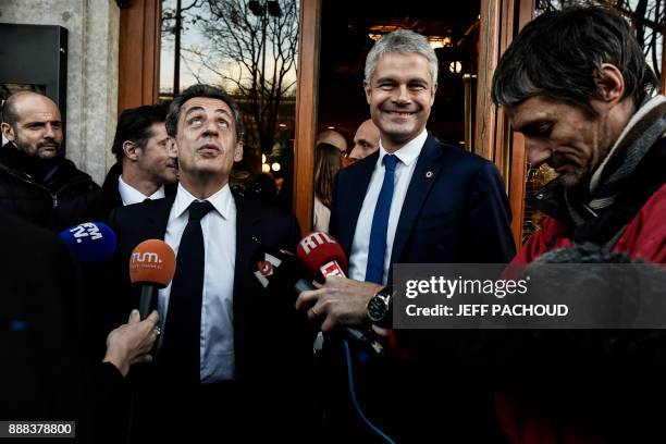 Former French president Nicolas Sarkozy and French right-wing Les Republicains party vice-president and candidate for the party's presidency Laurent...