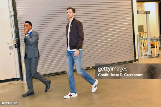 Jon Leuer of the Detroit Pistons arrives at the arena before the game against the Charlotte Hornets on October 18, 2017 at Little Caesars Arena in...