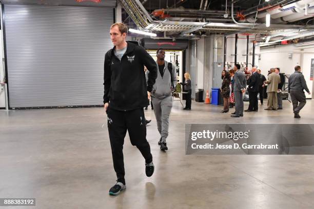 Cody Zeller of the Charlotte Hornets arrives at the arena before the game against the Detroit Pistons on October 18, 2017 at Little Caesars Arena in...