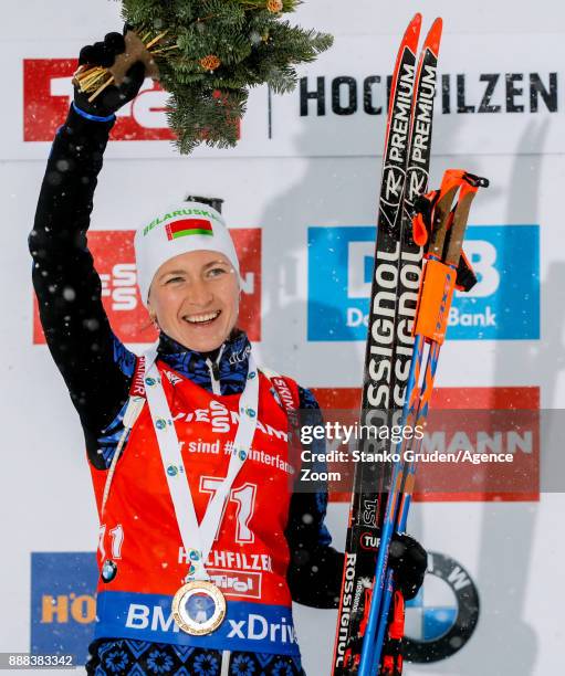 Darya Domracheva of Belarus takes 1st place during the IBU Biathlon World Cup Men's and Women's Sprint on December 8, 2017 in Hochfilzen, Austria.