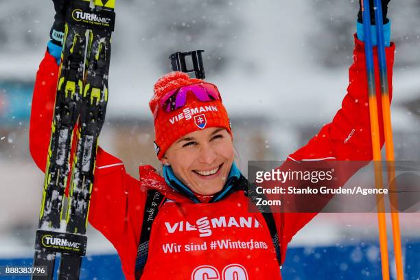 Anastasiya Kuzmina of Slovakia takes 2nd place during the IBU Biathlon World Cup Men's and Women's Sprint on December 8, 2017 in Hochfilzen, Austria.