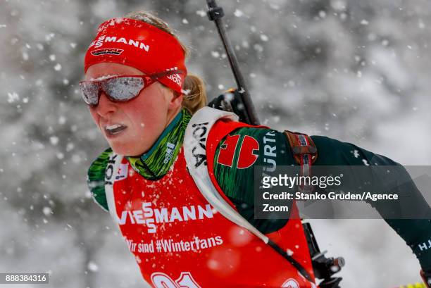 Franziska Hildebrand of Germany in action during the IBU Biathlon World Cup Men's and Women's Sprint on December 8, 2017 in Hochfilzen, Austria.