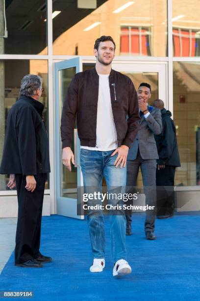 Jon Leuer of the Detroit Pistons arrives before the game against the Charlotte Hornets on October 18, 2017 at Little Caesars Arena in Detroit,...