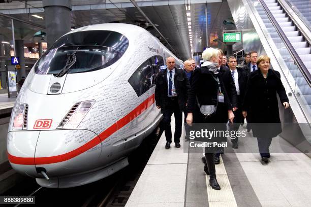 German Chancellor Angela Merkel after riding in the train driver's cockpit of a high-speed ICE train of German state rail carrier Deutsche Bahn on...