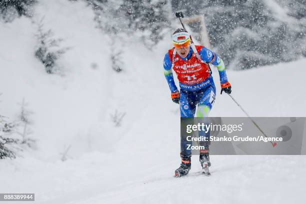 Darya Domracheva of Belarus takes 1st place during the IBU Biathlon World Cup Men's and Women's Sprint on December 8, 2017 in Hochfilzen, Austria.