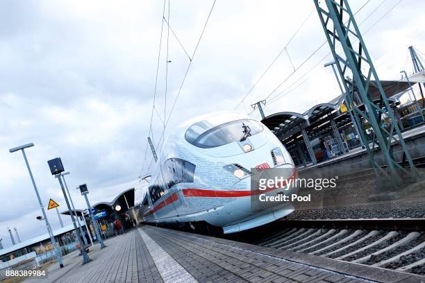 General view of a high-speed ICE train of German state rail carrier Deutsche Bahn on the newly-completed stretch between Munich and Berlin on...