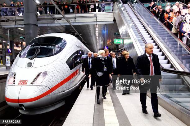 German Chancellor Angela Merkel after riding in the train driver's cockpit of a high-speed ICE train of German state rail carrier Deutsche Bahn on...