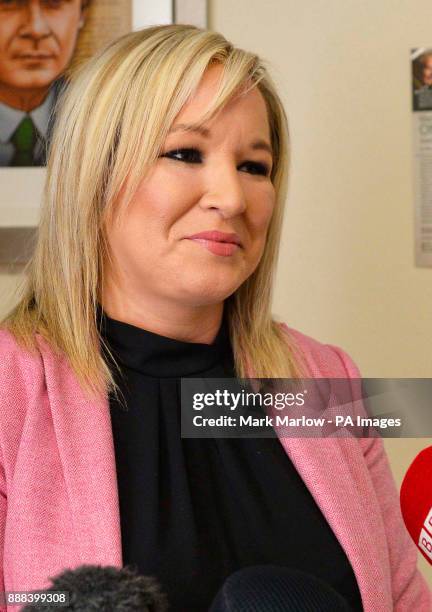 Stormont Sinn Fein leader Michelle O'Neill talking to the media at her office in Coalisland, Co Tyrone after Prime Minister Theresa May struck a...