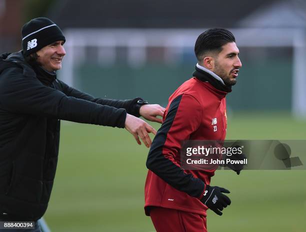 Zeljko Buvac with Emre Can of Liverpool during a training session at Melwood Training Ground on December 8, 2017 in Liverpool, England.