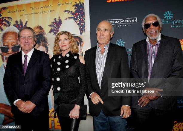 Tommy Lee Jones, Rene Russo, Ron Shelton and Morgan Freeman attend the premiere of 'Just Getting Started' at ArcLight Hollywood on December 7, 2017...