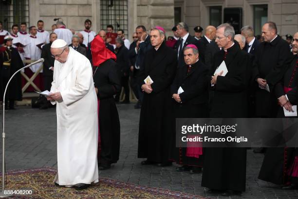 Pope Francis leads the Immaculate Conception celebration at Spanish Steps on December 8, 2017 in Rome, Italy. The Pope's visit to the memorial column...