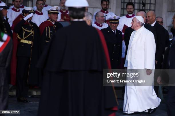 Pope Francis leads the Immaculate Conception celebration at Spanish Steps on December 8, 2017 in Rome, Italy. The Pope's visit to the memorial column...