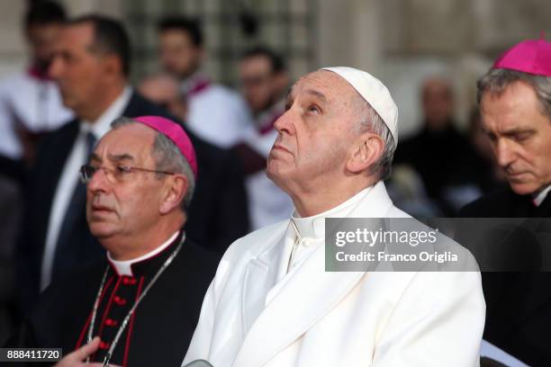 Pope Francis leads the Immaculate Conception celebration at Spanish Steps on December 8, 2017 in Rome, Italy. The Pope's visit to the memorial column...